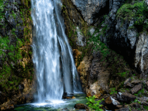 Grunas Waterfall dropping 30 metres in Theth National Park, Albanian Alps