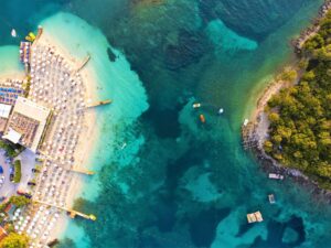Aerial view of Ksamil beach and the Ksamil Islands, southern Albania