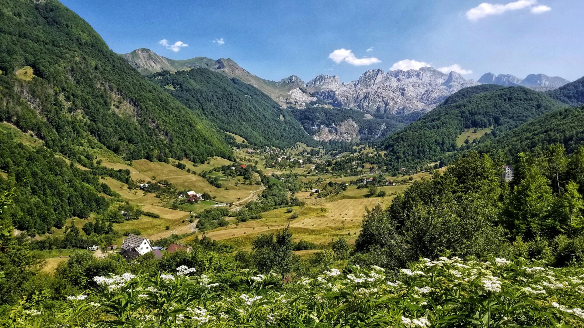 Panoramic view of the rugged Albanian Alps with green valleys and mountain peaks,
